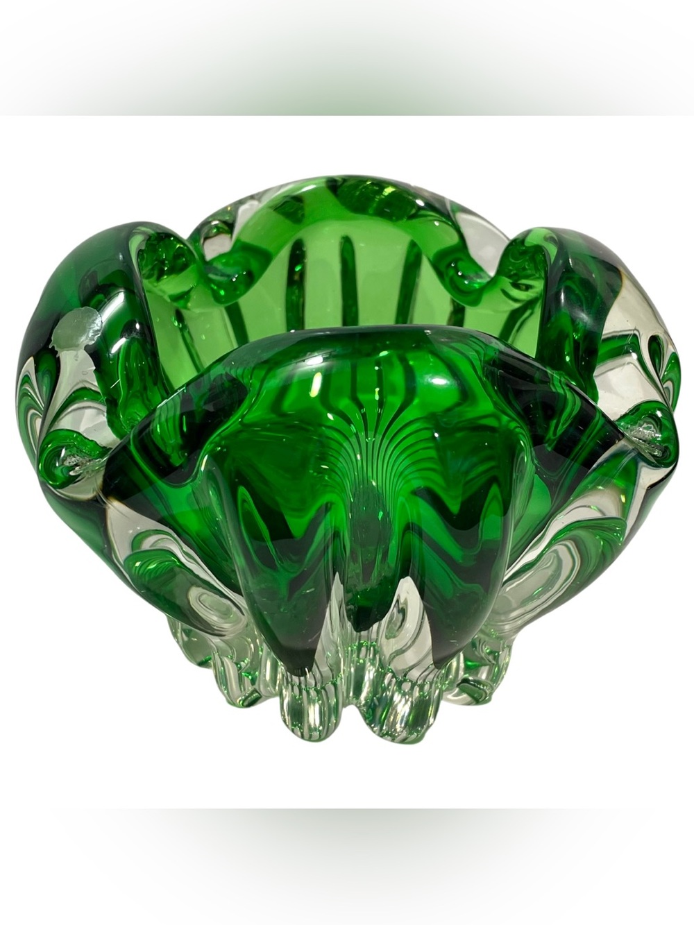 Vintage 1970s Sanyu Glassworks Narumi Art Glass Fantasy Bowl Radiant Green